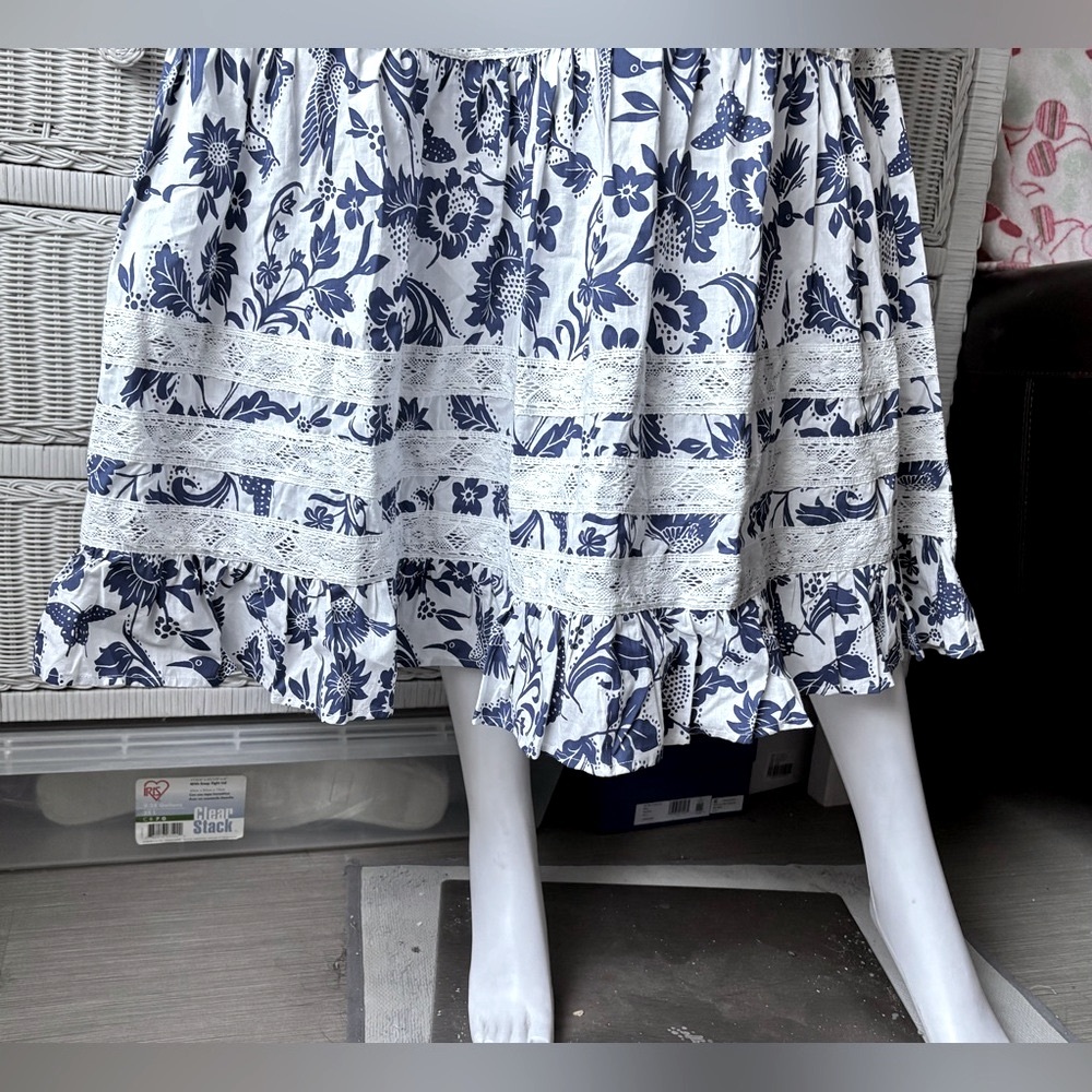 Pinch Midi Dress Lacey Cotton Tiered Floral Removable Belt Blue & White Size M - Picture 9 of 11